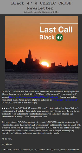 Black 47 & CELTIC CRUSH Newsletter Almost March Madness 2014