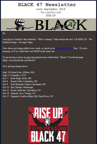 9/25/2014 Black 47 Newsletter Sept. CD - Rise Up - Last Connolly's gig Saturday