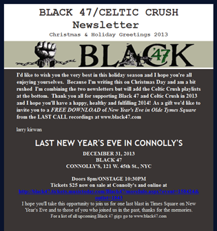 Black 47/Celtic Crush Hard Times Ticket Offer/New Gigs/Holiday Gifts